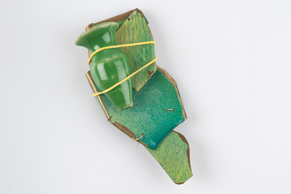 Anat Grozovski-Aboucaya; Brooch #2; Silver 925, coper, enamel, pearl, brass, red thread, steel wire