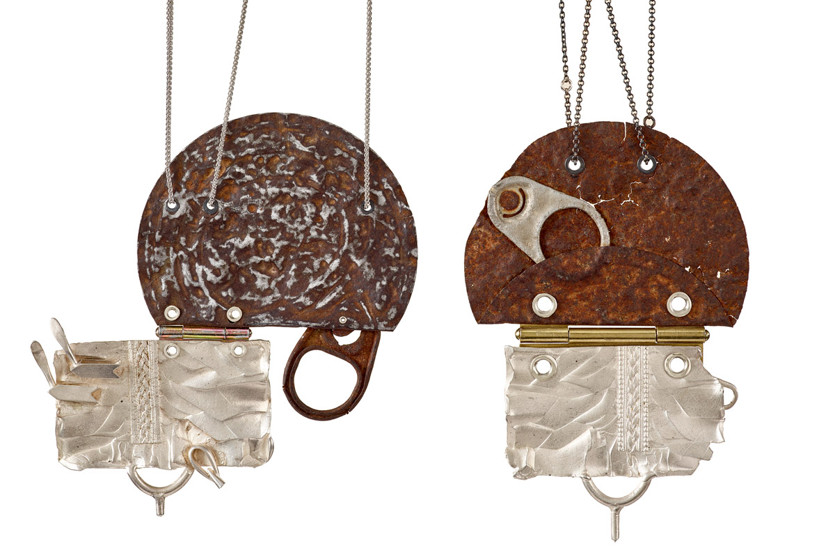Deganit Schocken; Caution, Sharp Edges, Pendant; Ready-made object (smashed can), silver, zircons