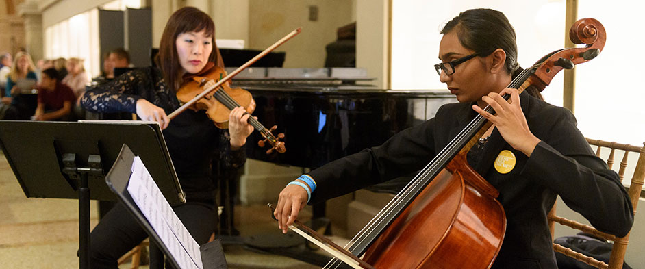 Rebecca Dhala playing cello at Teens Take the Met