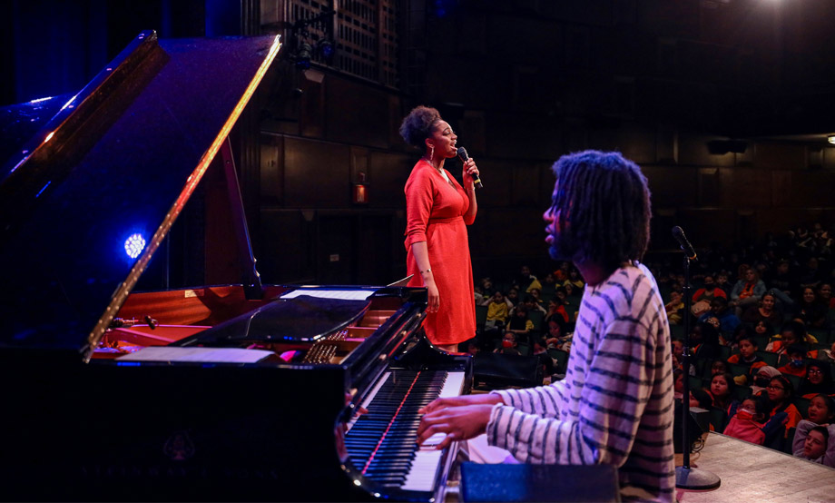 Two-time Grammy Award winning jazz vocalist, Samara Joy, performs for public school students at the Kaufmann Concert Hall in 2023.
