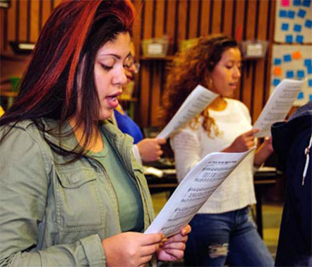 Vocal students at the Theatre Arts Production Company School during a classroom workshop