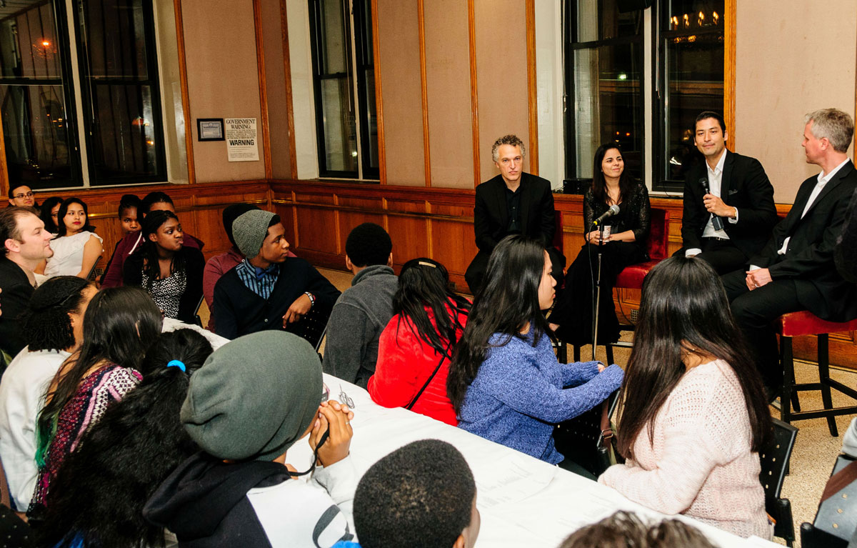 String players from Celia Cruz Bronx High School of Music and The Young Women's Leadership School of Harlem at 92NY during a Q&A with the Pacifica Quartet